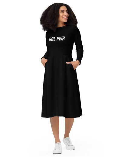 GRL PWR Feminist Black Long Sleeve Midi Dress