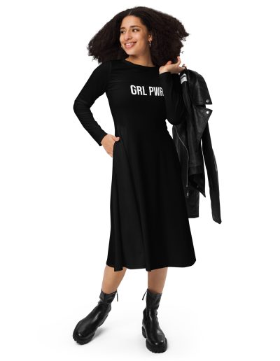 GRL PWR Feminist Black Long Sleeve Midi Dress