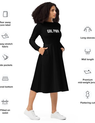 GRL PWR Feminist Black Long Sleeve Midi Dress